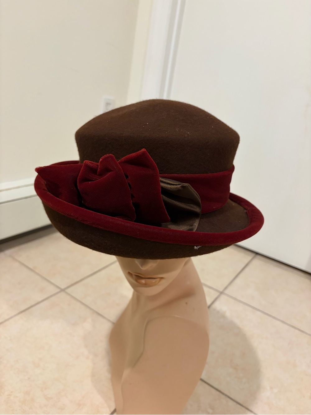 Elissa’s Millinery London Brown Burgundy Velvet Bow Wide Brim Dress Hat